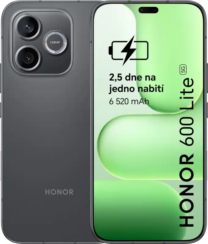 HONOR 600 Lite 8GB/256GB Velvet Black nabízí 6,7" AMOLED 120 Hz, MediaTek Dimensity 7100 Elite, 108Mpx AI fotoaparát, 256GB úložiště, 5230mAh baterii a 35W rychlé nabíjení.