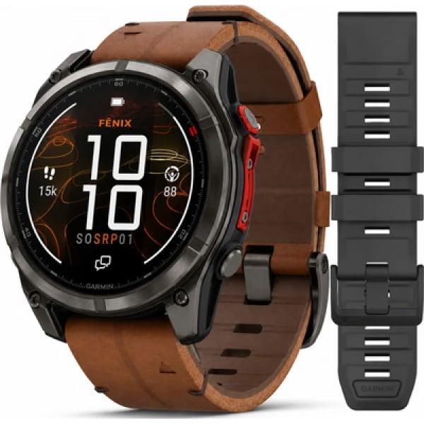 Garmin Fēnix® 8 Pro – Premium Bundle, 51 mm, MicroLED Sapphire, Carbon grey DLC titanium s hnědým koženým páskem a silikonovým řemínkem Black/Grey 010-03380-01 SET